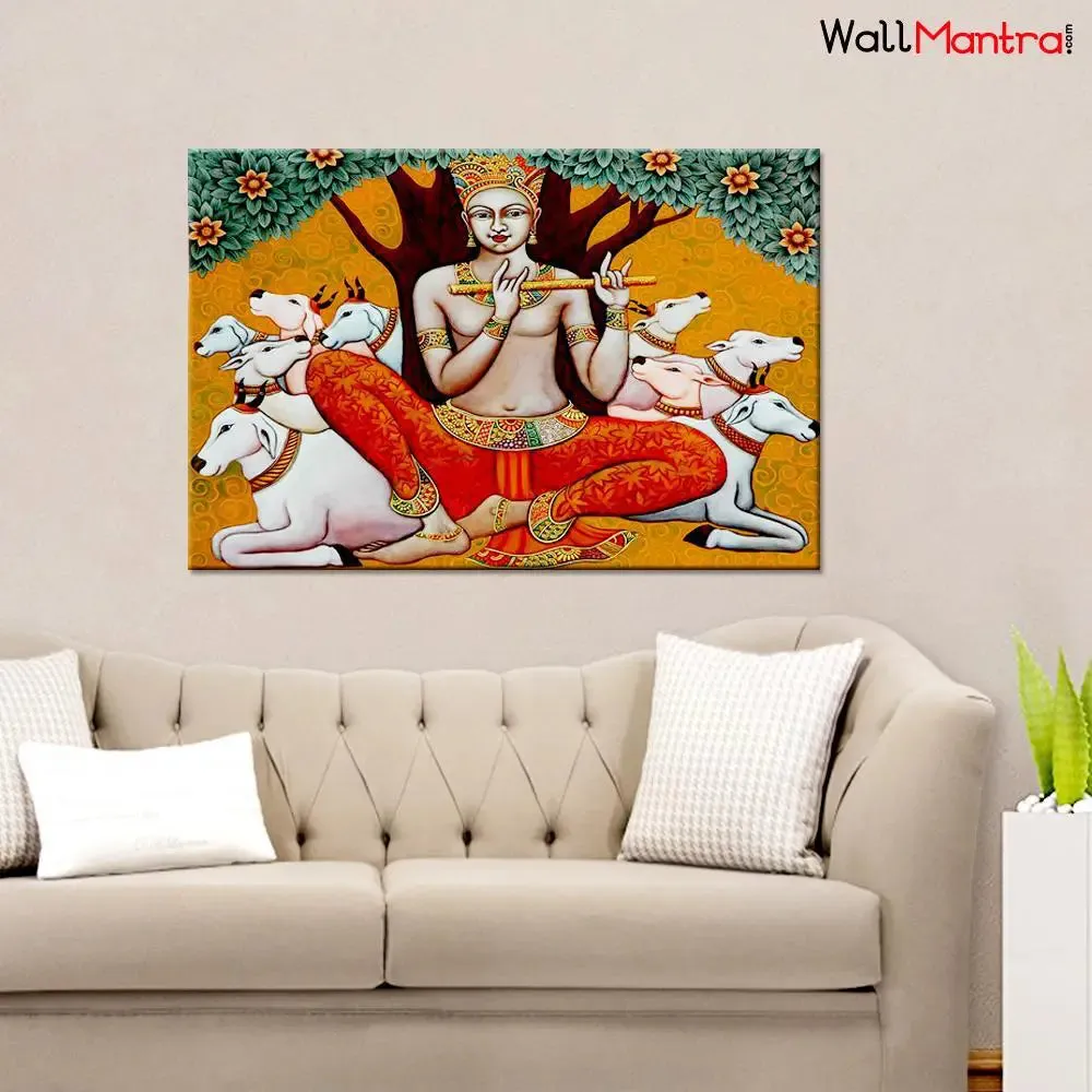 Shri Krishna Playing Flute Spiritual Canvas Prints Wooden Wall Painting