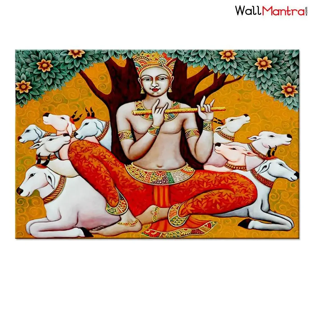 Shri Krishna Playing Flute Spiritual Canvas Prints Wooden Wall Painting