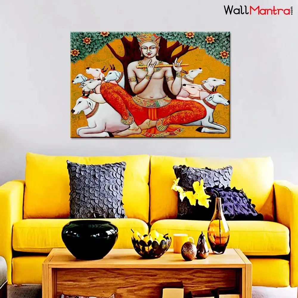 Shri Krishna Playing Flute Spiritual Canvas Prints Wooden Wall Painting