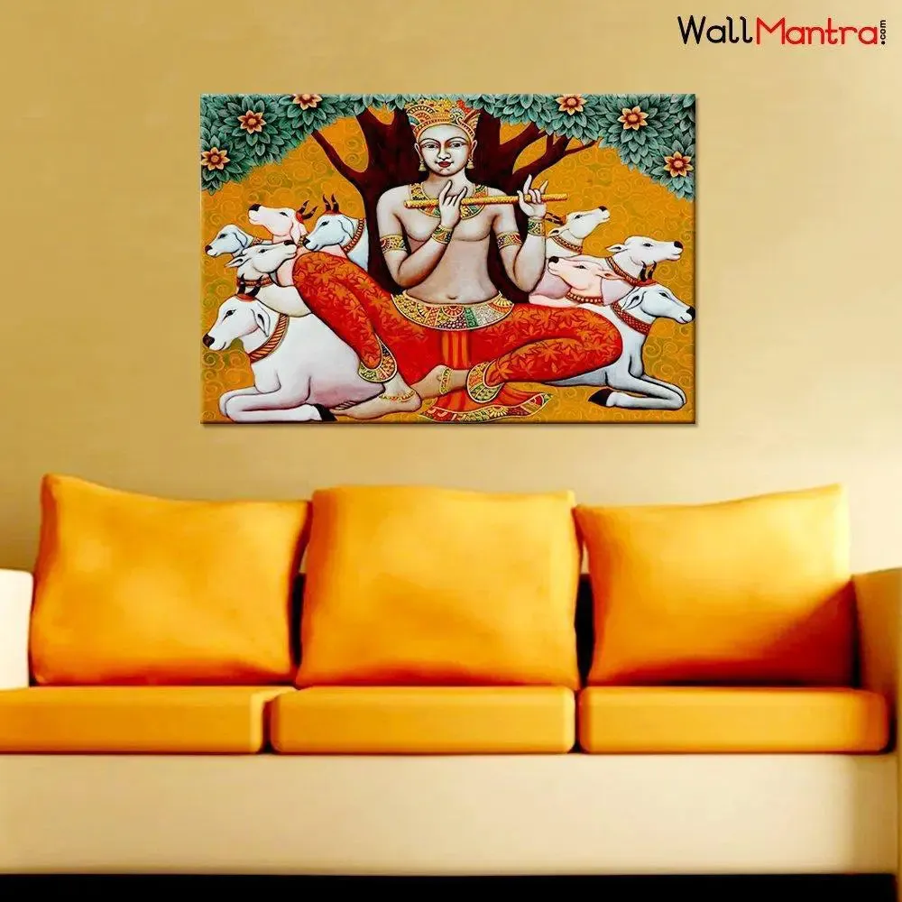 Shri Krishna Playing Flute Spiritual Canvas Prints Wooden Wall Painting