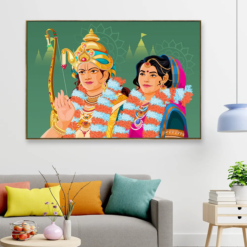 Shri Ram-Sita Ji Wall Canvas Painting for Mandir/Living Room With Frame
