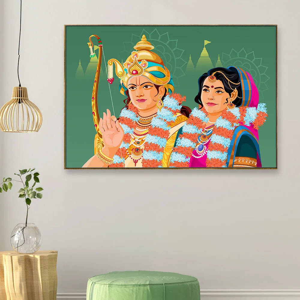 Shri Ram-Sita Ji Wall Canvas Painting for Mandir/Living Room With Frame