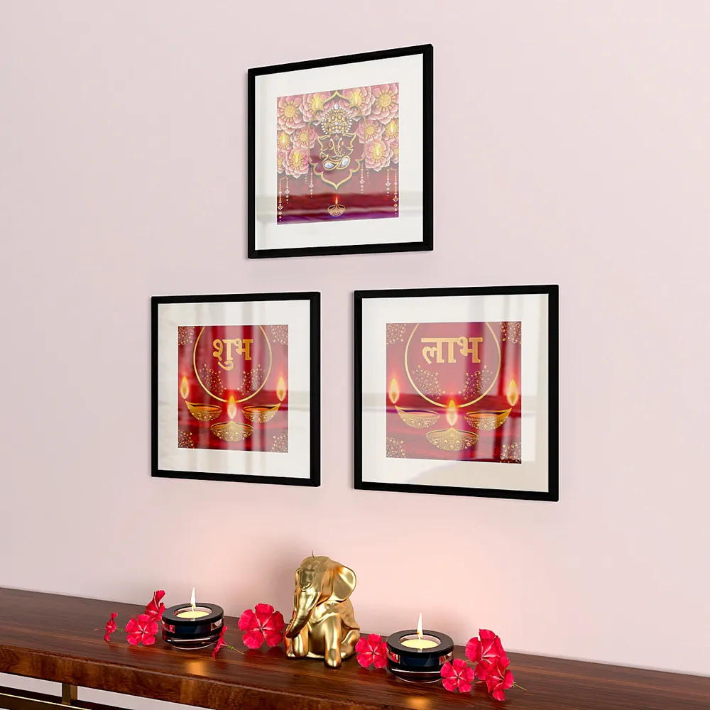 Shubh Labh Bright Blue Traditional Frame Set Of 3