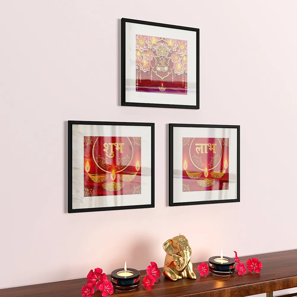 Shubh Labh Bright Blue Traditional Frame Set Of 3