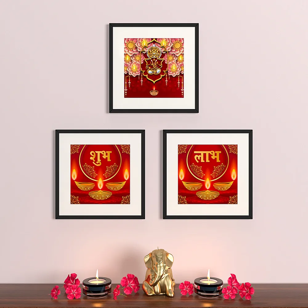 Shubh Labh Bright Blue Traditional Frame Set Of 3