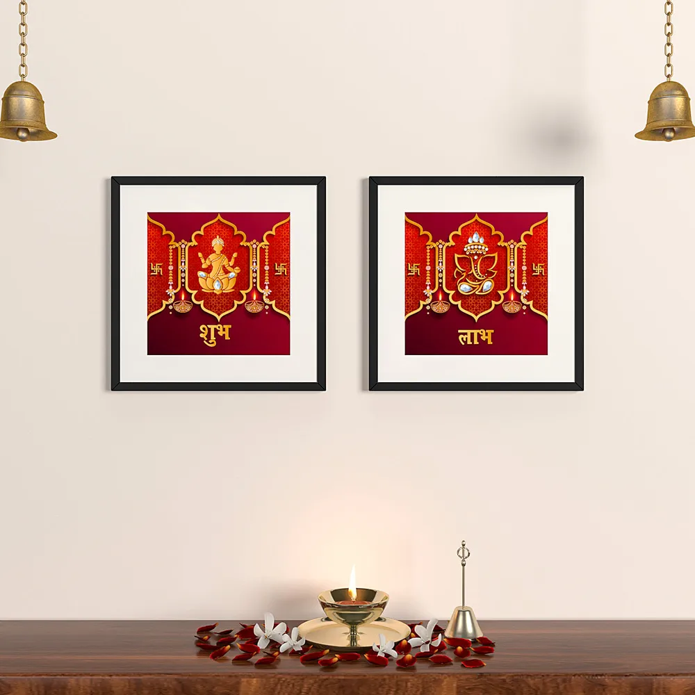 Shubh Labh Bright Red Traditional Frame Set Of 2
