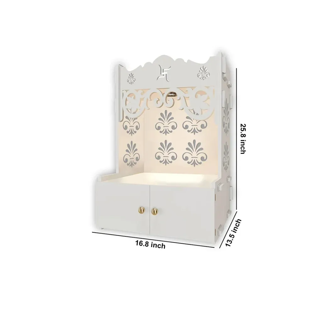 Shubh Labh Symbol Of Hindu Religious White Wooden Wall Temple For Home With Inbuilt Focus Lights &amp; Spacious Shelf