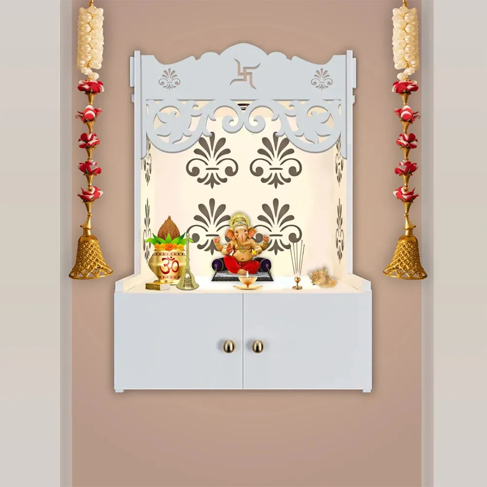 Shubh Labh Symbol Of Hindu Religious White Wooden Wall Temple For Home With Inbuilt Focus Lights &amp; Spacious Shelf