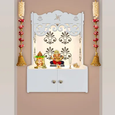 Shubh Labh Symbol Of Hindu Religious White Wooden Wall Temple For Home With Inbuilt Focus Lights &amp; Spacious Shelf