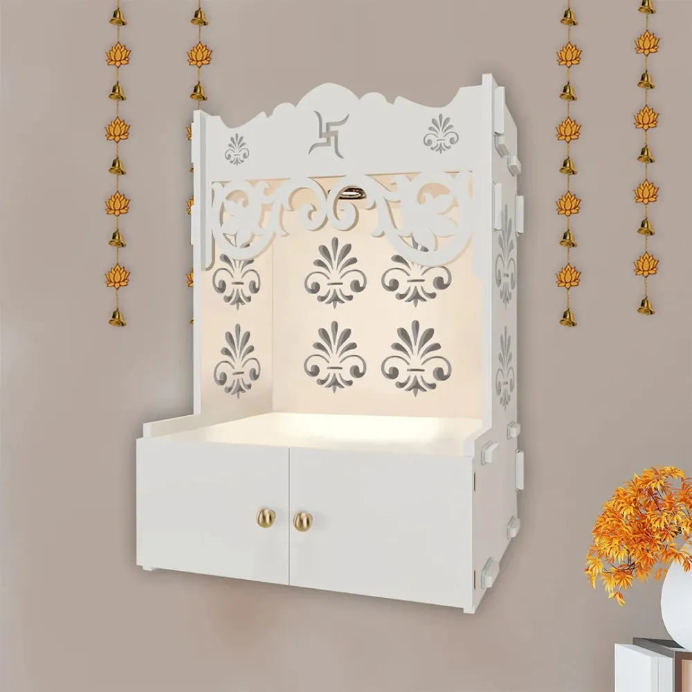 Shubh Labh Symbol Of Hindu Religious White Wooden Wall Temple For Home With Inbuilt Focus Lights &amp; Spacious Shelf