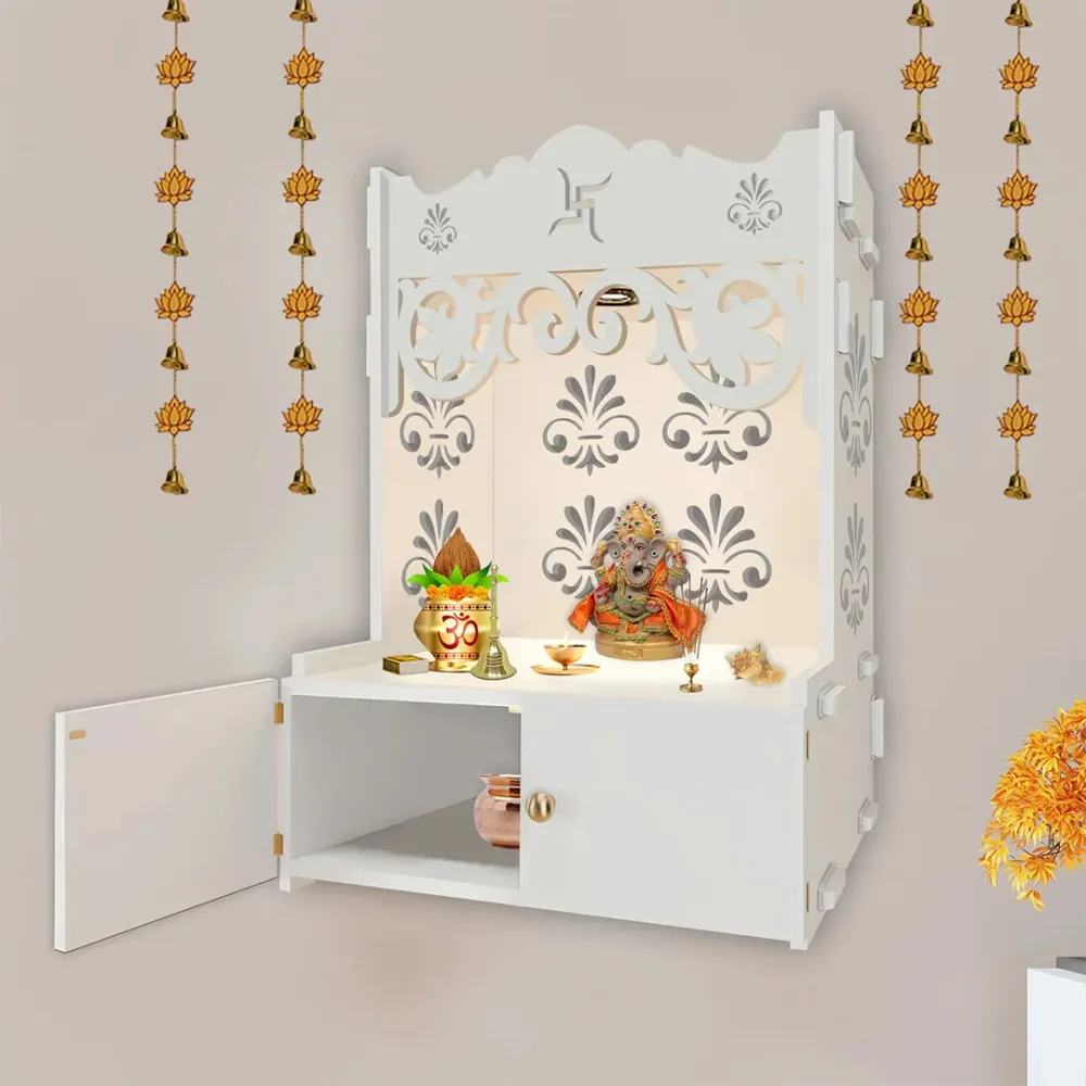 Shubh Labh Symbol Of Hindu Religious White Wooden Wall Temple For Home With Inbuilt Focus Lights &amp; Spacious Shelf