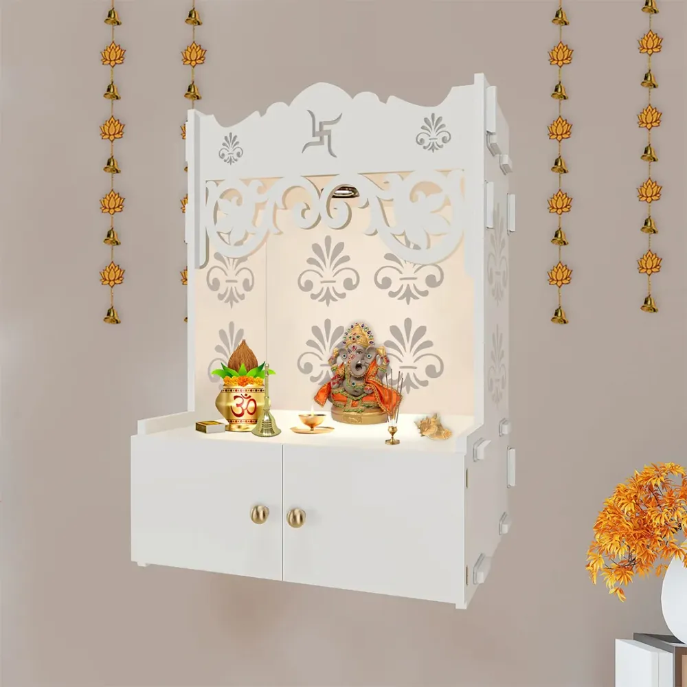 Shubh Labh Symbol Of Hindu Religious White Wooden Wall Temple For Home With Inbuilt Focus Lights &amp; Spacious Shelf
