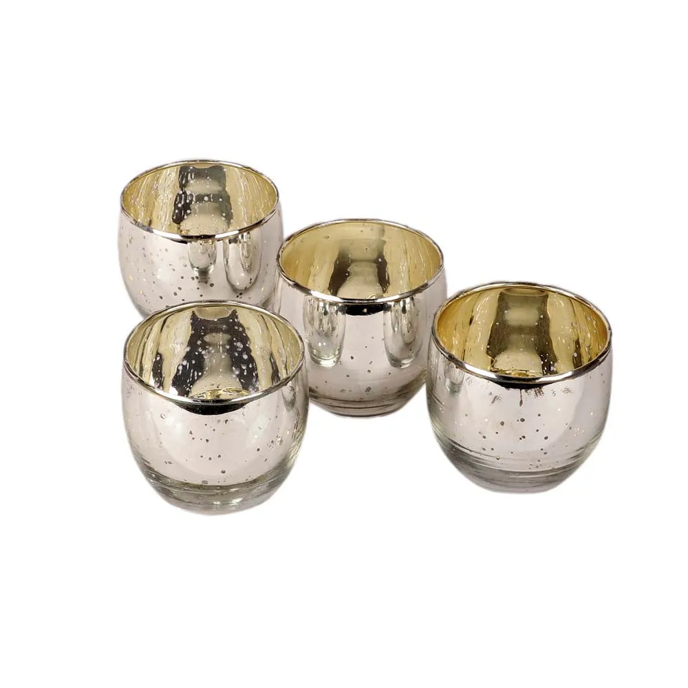 Silver Crafted Big Glass Tea Light Candle Holders Set of 4