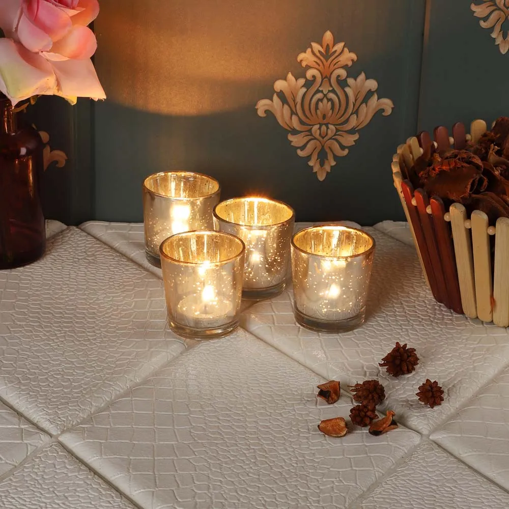 Silver Crafted Small Glass Tea Light Candle Holders Set of 4