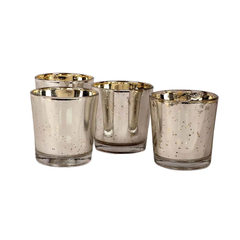 Silver Crafted Small Glass Tea Light Candle Holders Set of 4