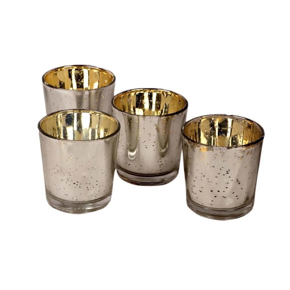 Silver Crafted Small Glass Tea Light Candle Holders Set of 4