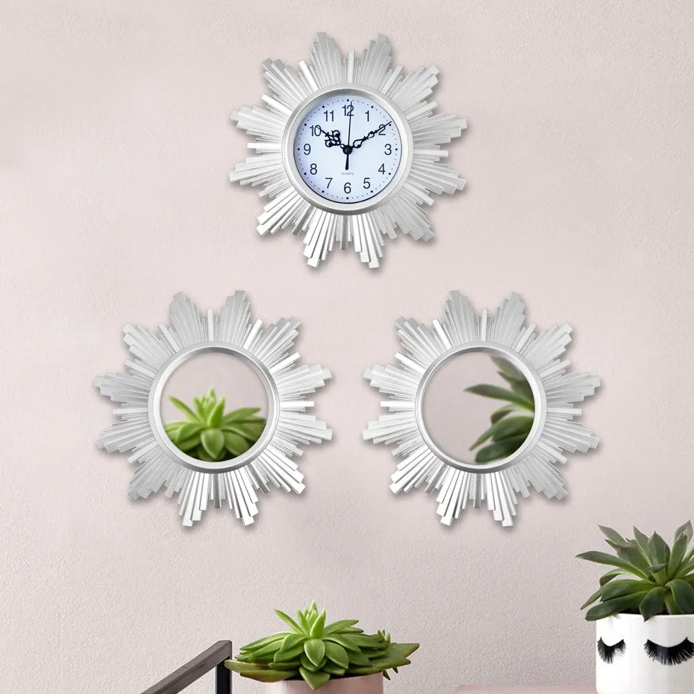 Silver Ripped Sunflower Designer Wall Clock & Mirror Set Of 3