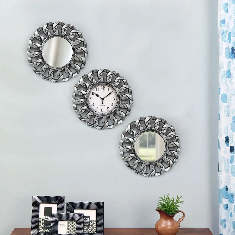 Silver Roped Designer Wall Clock & Mirror Set Of 3