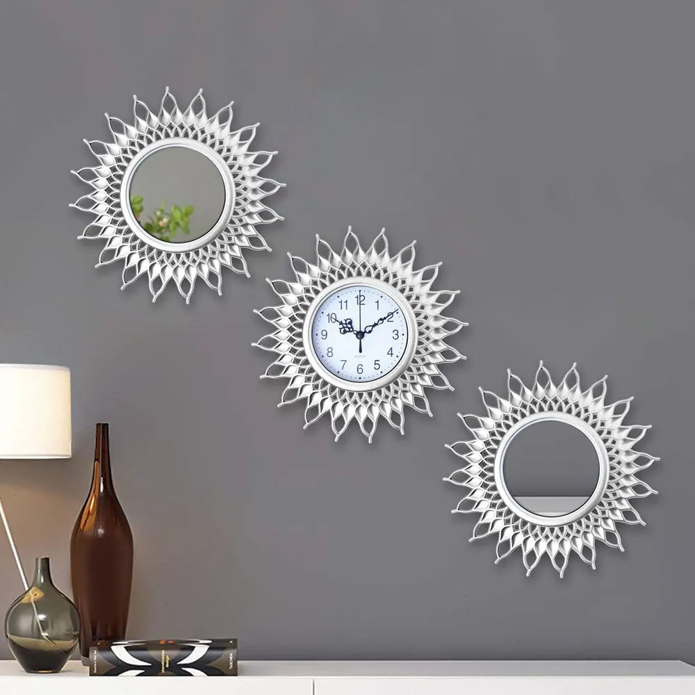 Silver Sun Designer Wall Clock & Mirror Set Of 3