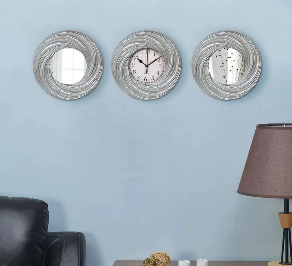 Silver Swirling Designer Analogue Wall Clock & Mirror Set Of 3