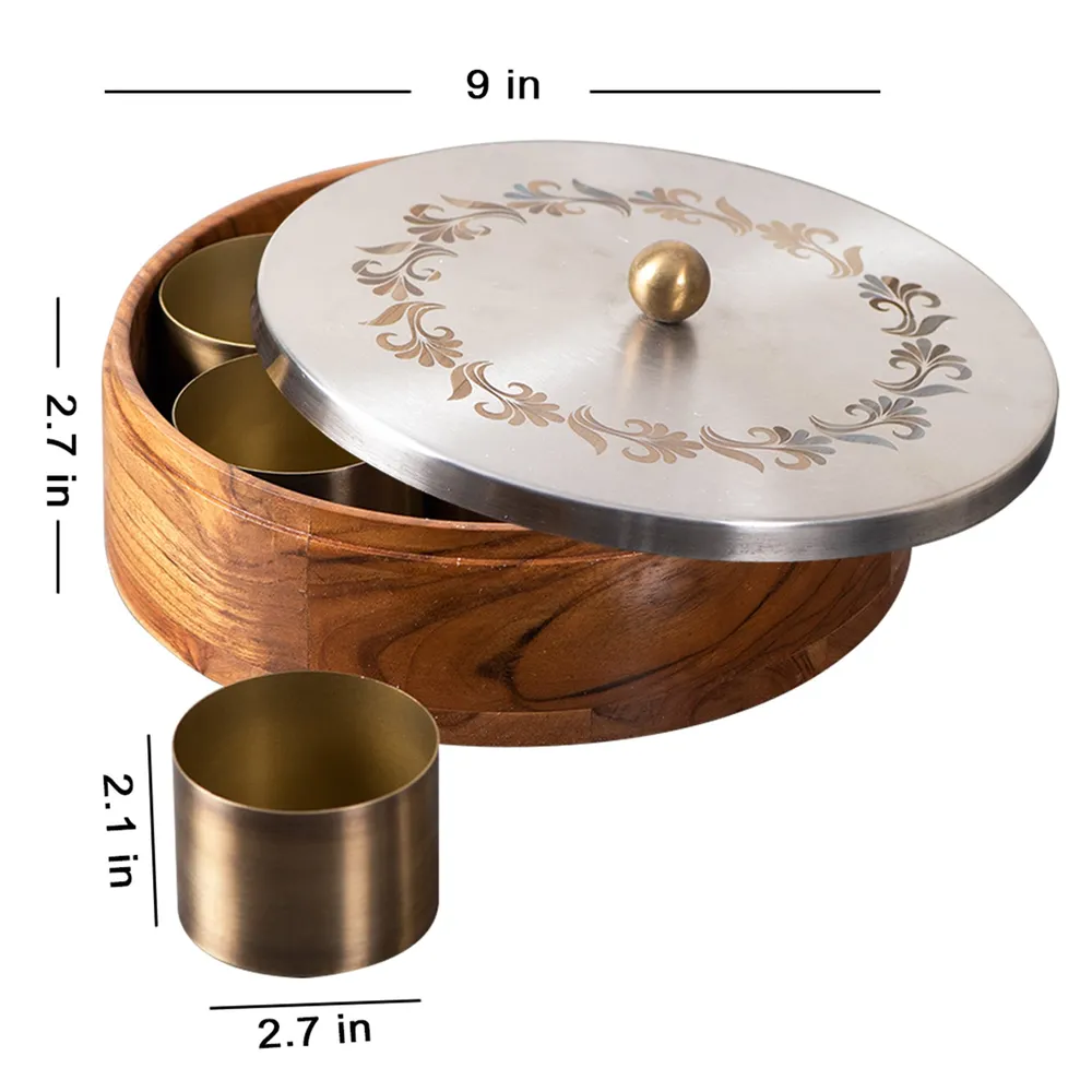 Silver Wood Stainless Steel Jars & Lid Masala/ Spice Box