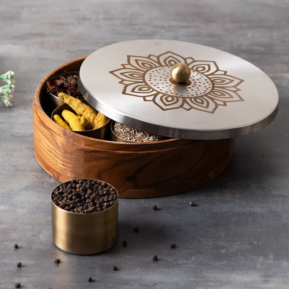 Silver Wood Stainless Steel Jars & Lid Masala/ Spice Box
