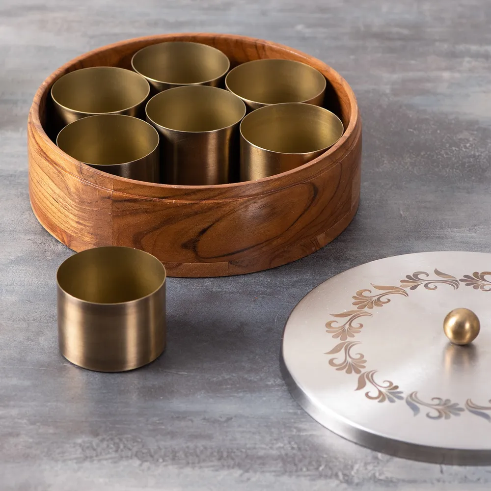 Silver Wood Stainless Steel Jars & Lid Masala/ Spice Box