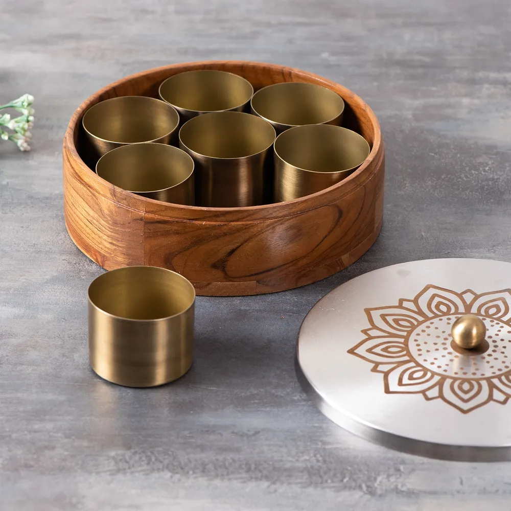 Silver Wood Stainless Steel Jars & Lid Masala/ Spice Box