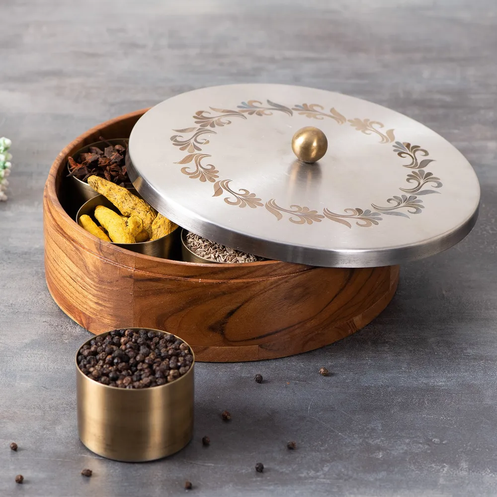Silver Wood Stainless Steel Jars & Lid Masala/ Spice Box