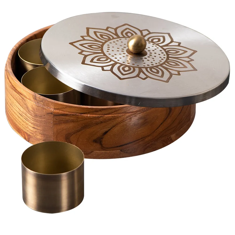 Silver Wood Stainless Steel Jars & Lid Masala/ Spice Box