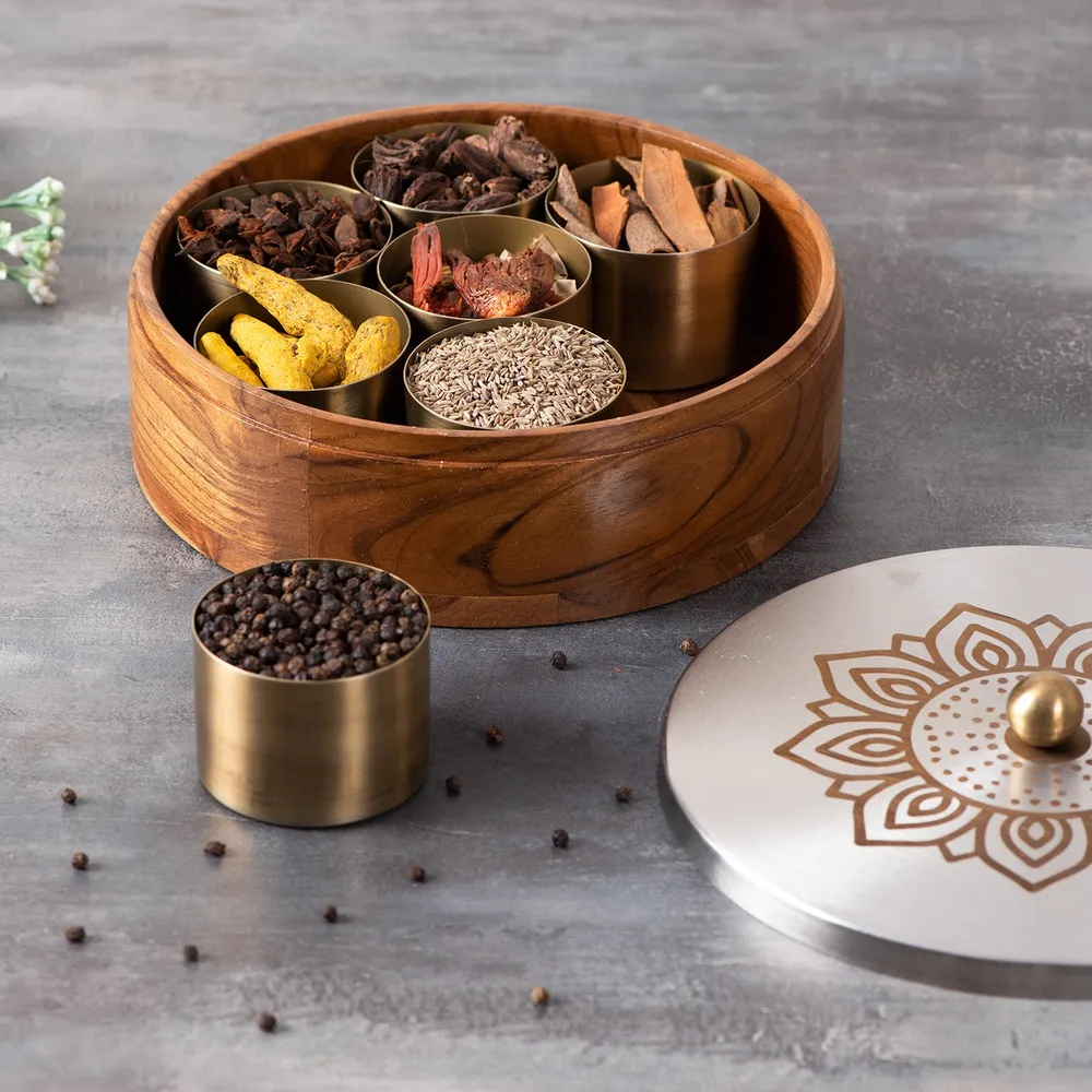 Silver Wood Stainless Steel Jars & Lid Masala/ Spice Box