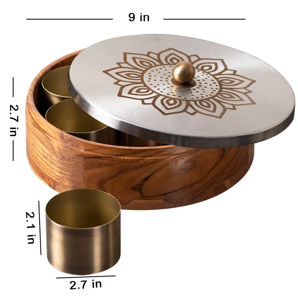 Silver Wood Stainless Steel Jars & Lid Masala/ Spice Box