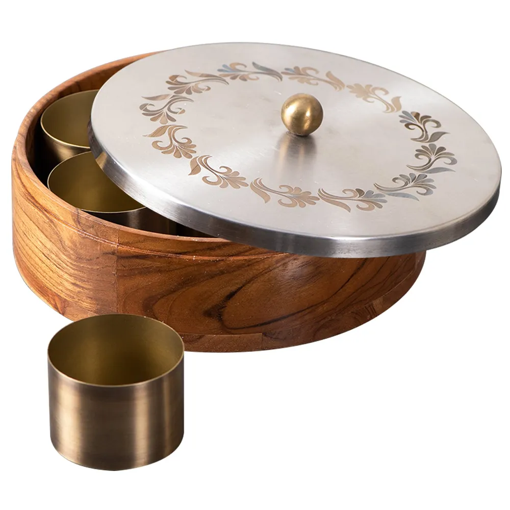 Silver Wood Stainless Steel Jars & Lid Masala/ Spice Box