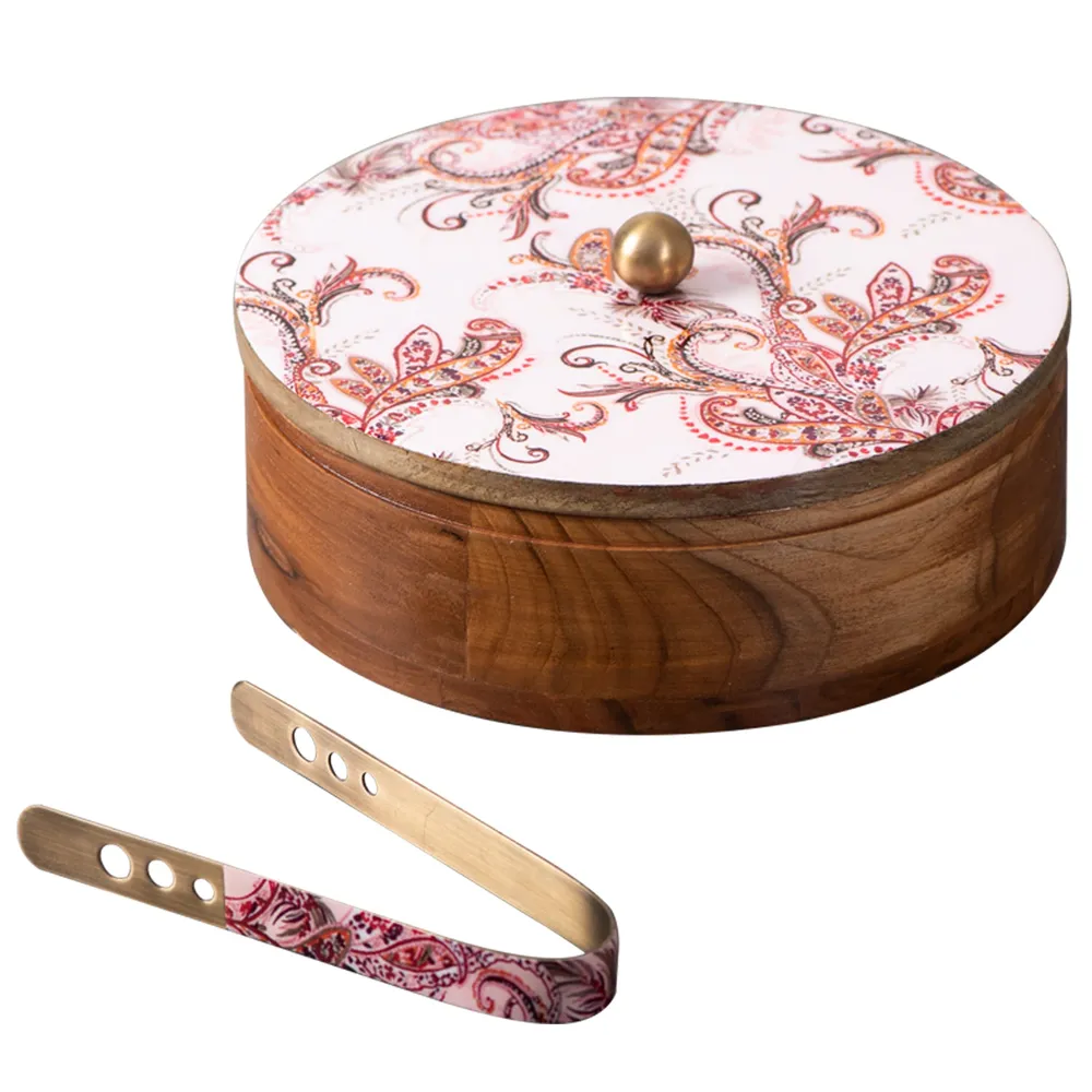 Silver Wooden Laser Etched Enamel Casserole/Chapatti Box With Tong