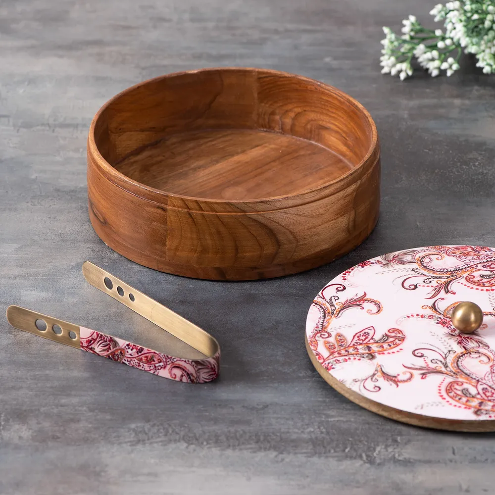 Silver Wooden Laser Etched Enamel Casserole/Chapatti Box With Tong