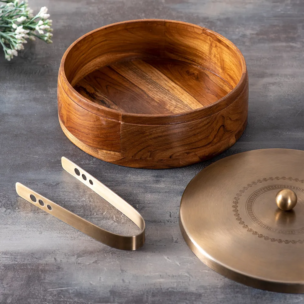Silver Wooden Laser Etched Enamel Casserole/Chapatti Box With Tong
