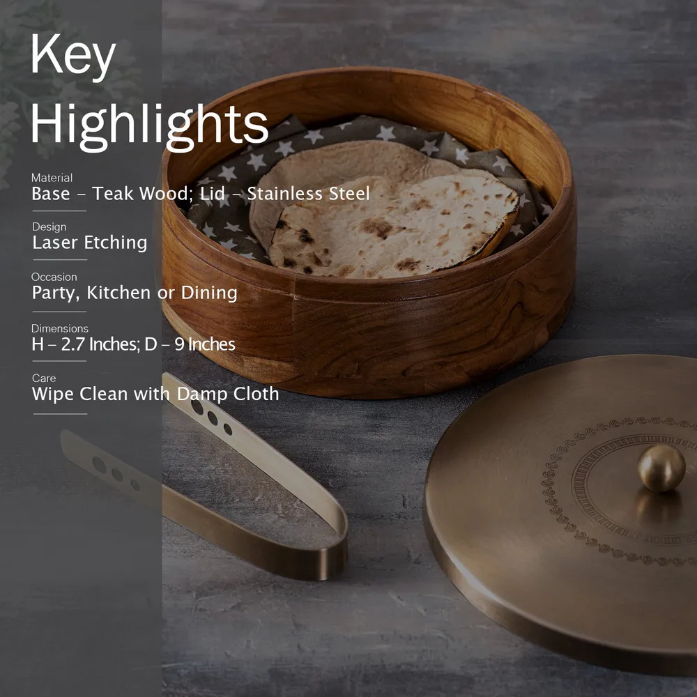 Silver Wooden Laser Etched Enamel Casserole/Chapatti Box With Tong