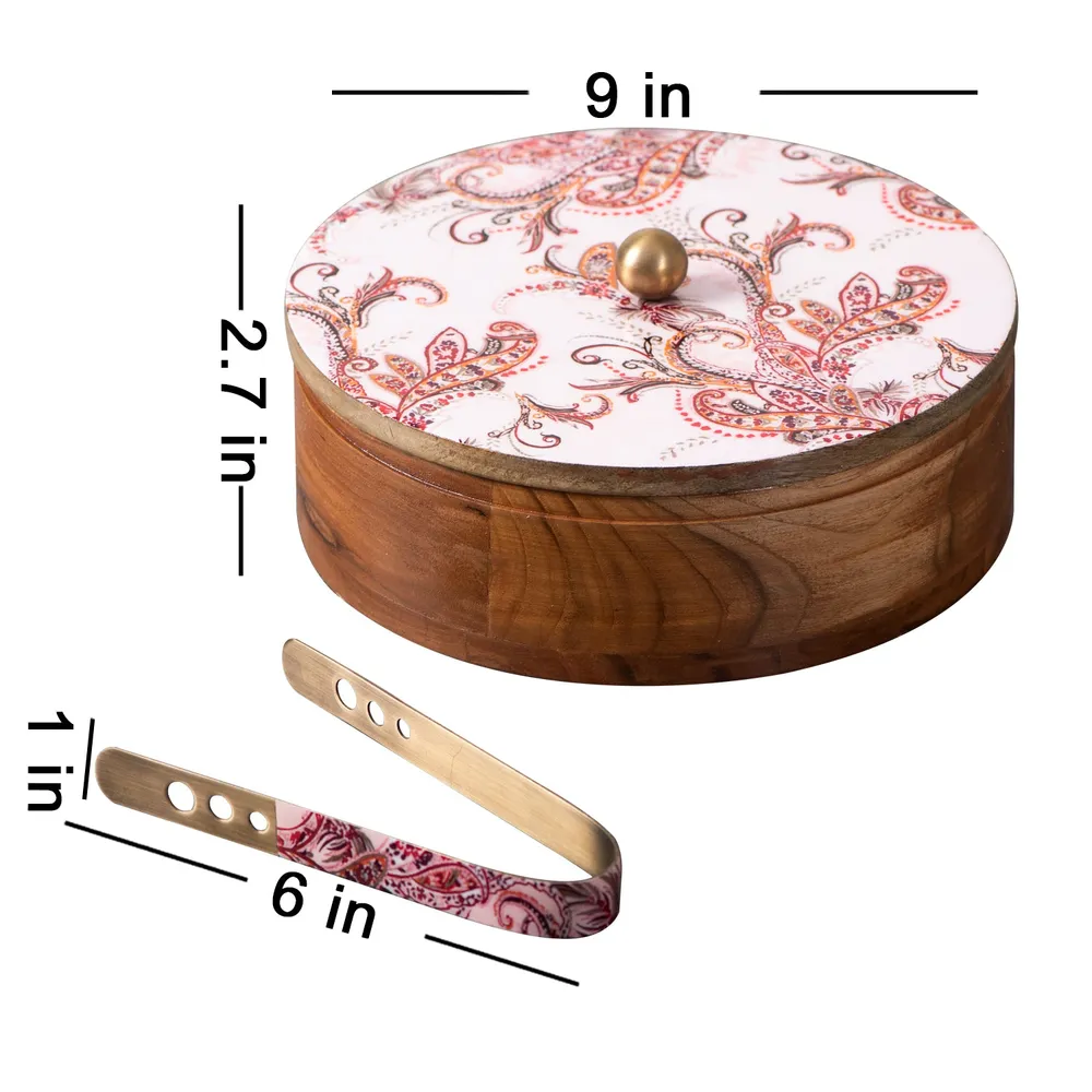 Silver Wooden Laser Etched Enamel Casserole/Chapatti Box With Tong