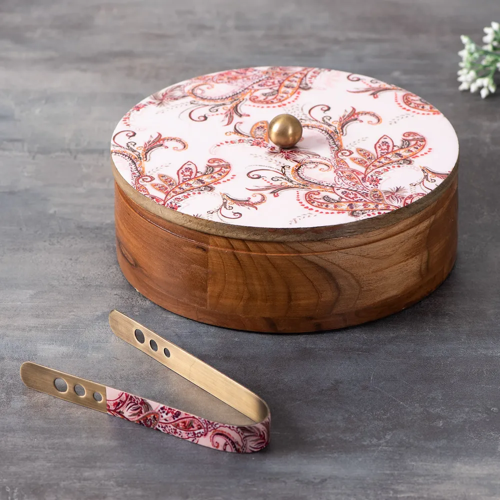Silver Wooden Laser Etched Enamel Casserole/Chapatti Box With Tong