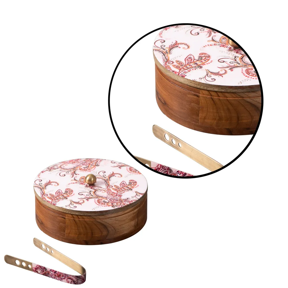 Silver Wooden Laser Etched Enamel Casserole/Chapatti Box With Tong