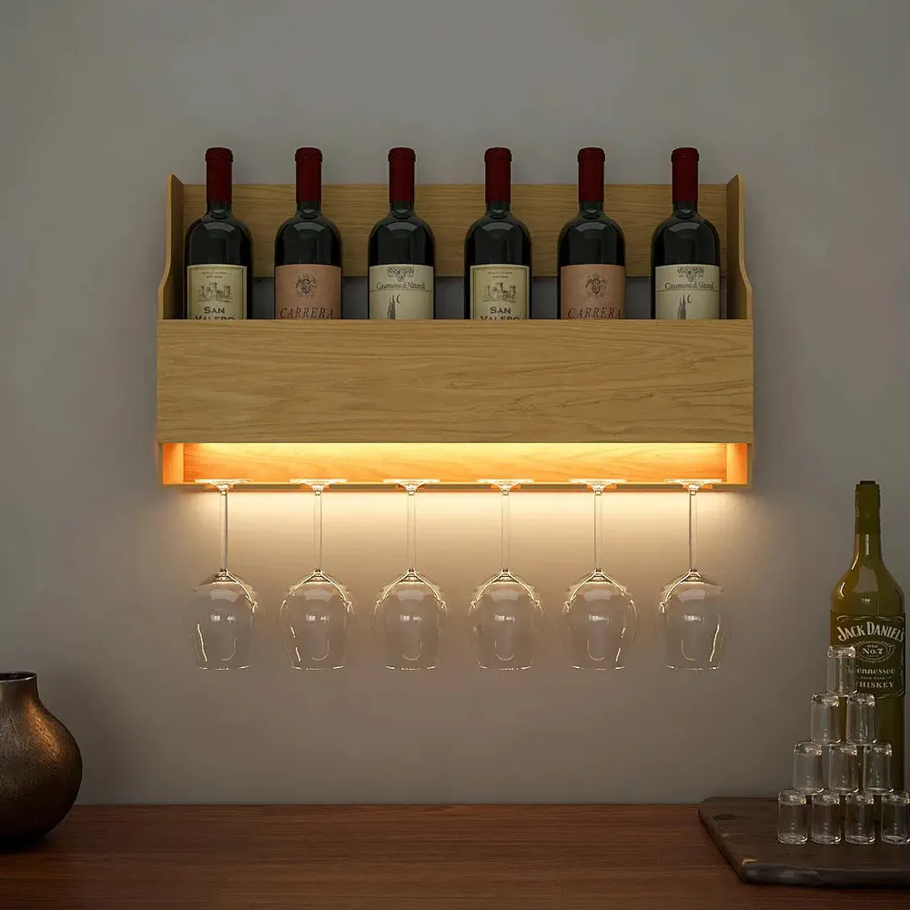 Simplistic Backlit Wooden Wall Mounted Bar Shelf / Mini Bar Cabinet in Light Oak Finish
