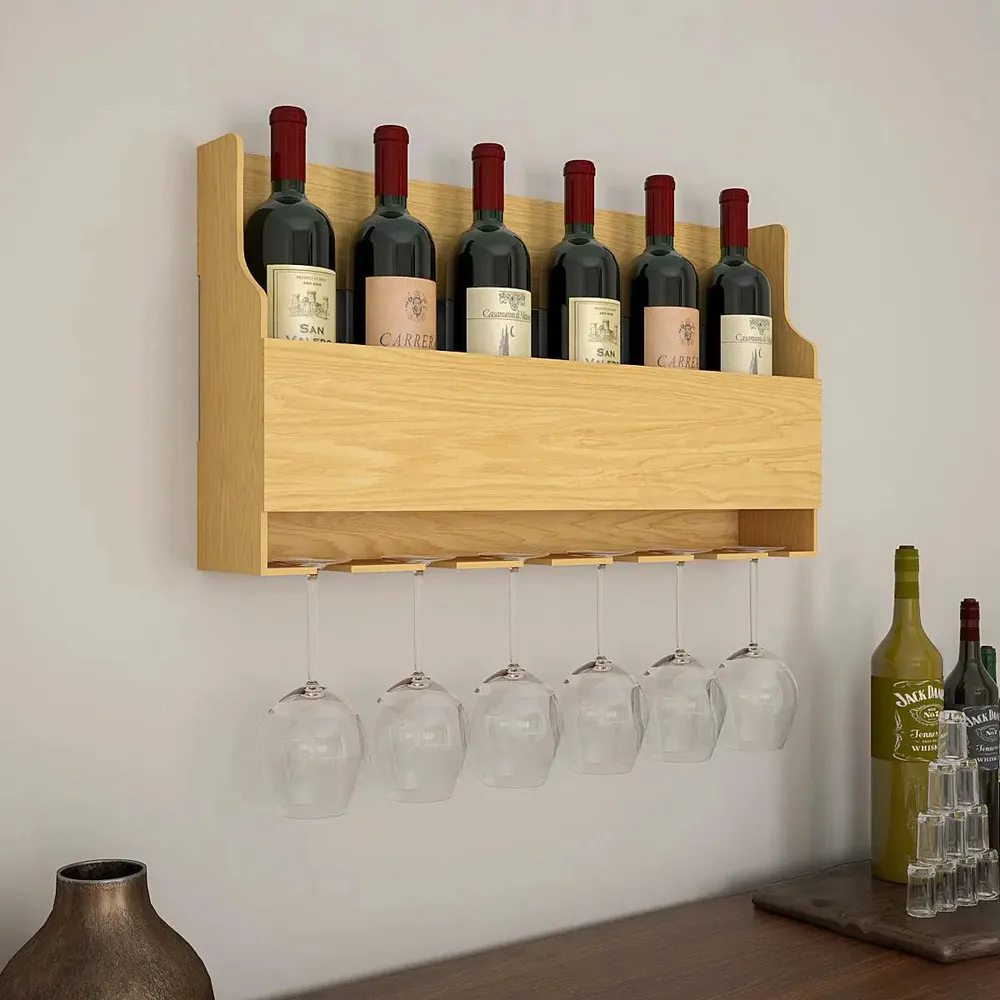 Simplistic Backlit Wooden Wall Mounted Bar Shelf / Mini Bar Cabinet in Light Oak Finish