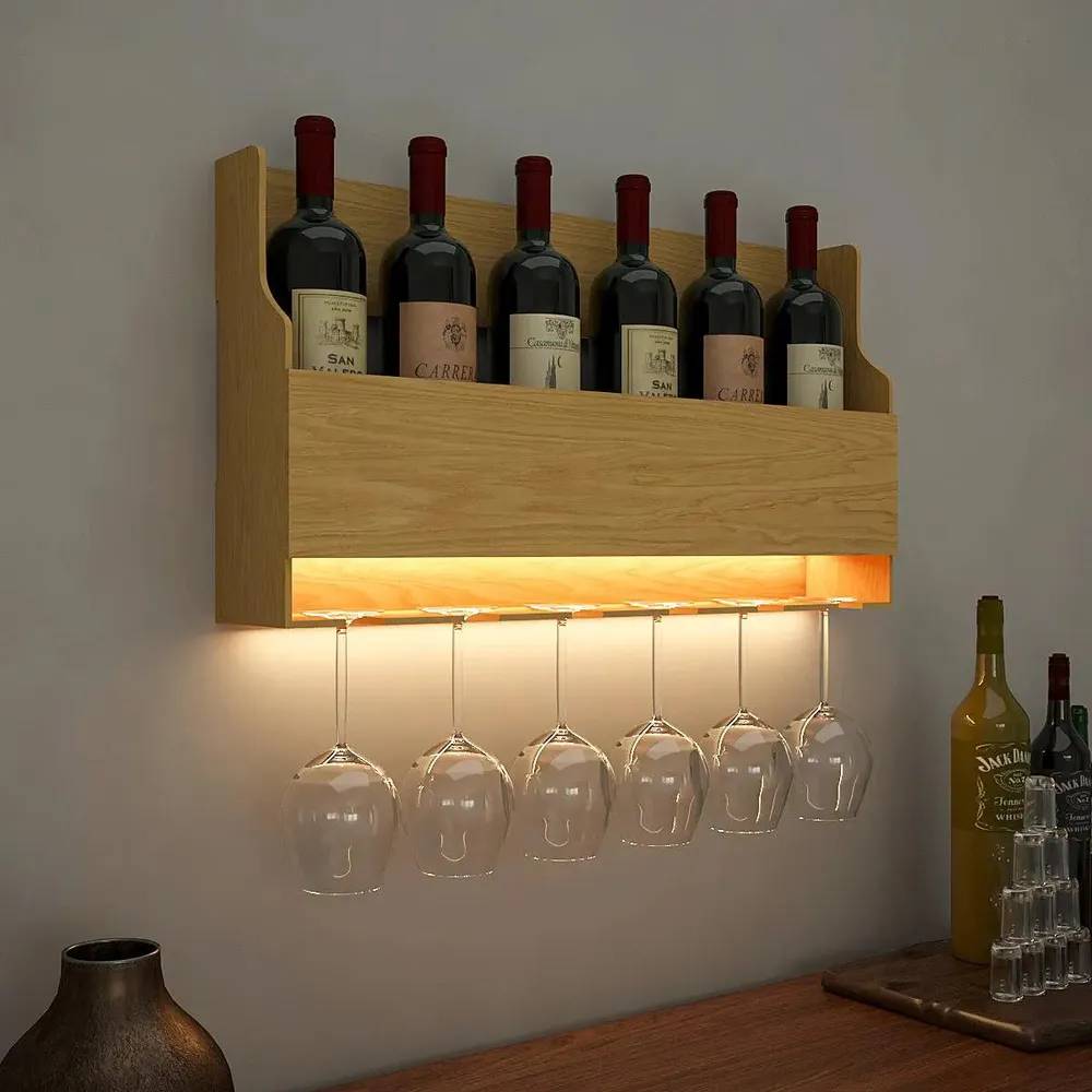 Simplistic Backlit Wooden Wall Mounted Bar Shelf / Mini Bar Cabinet in Light Oak Finish
