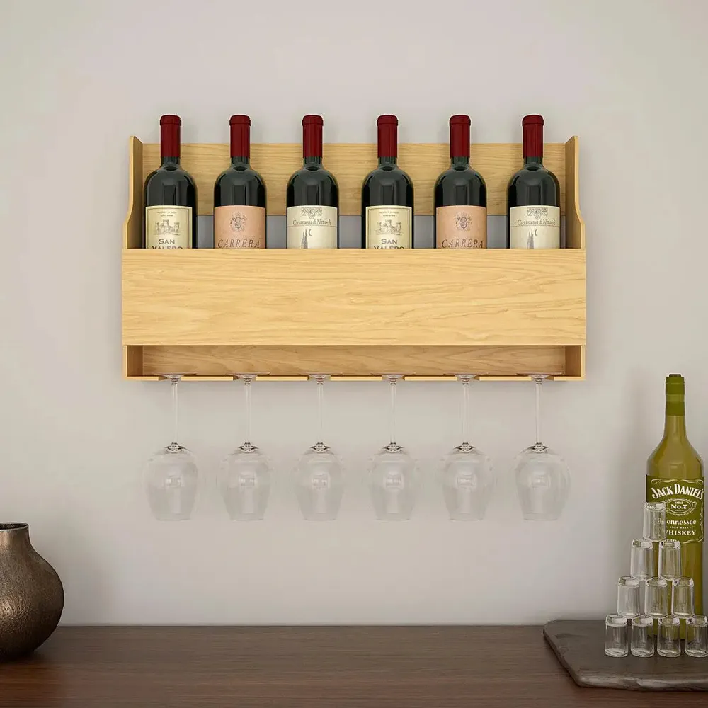 Simplistic Backlit Wooden Wall Mounted Bar Shelf / Mini Bar Cabinet in Light Oak Finish