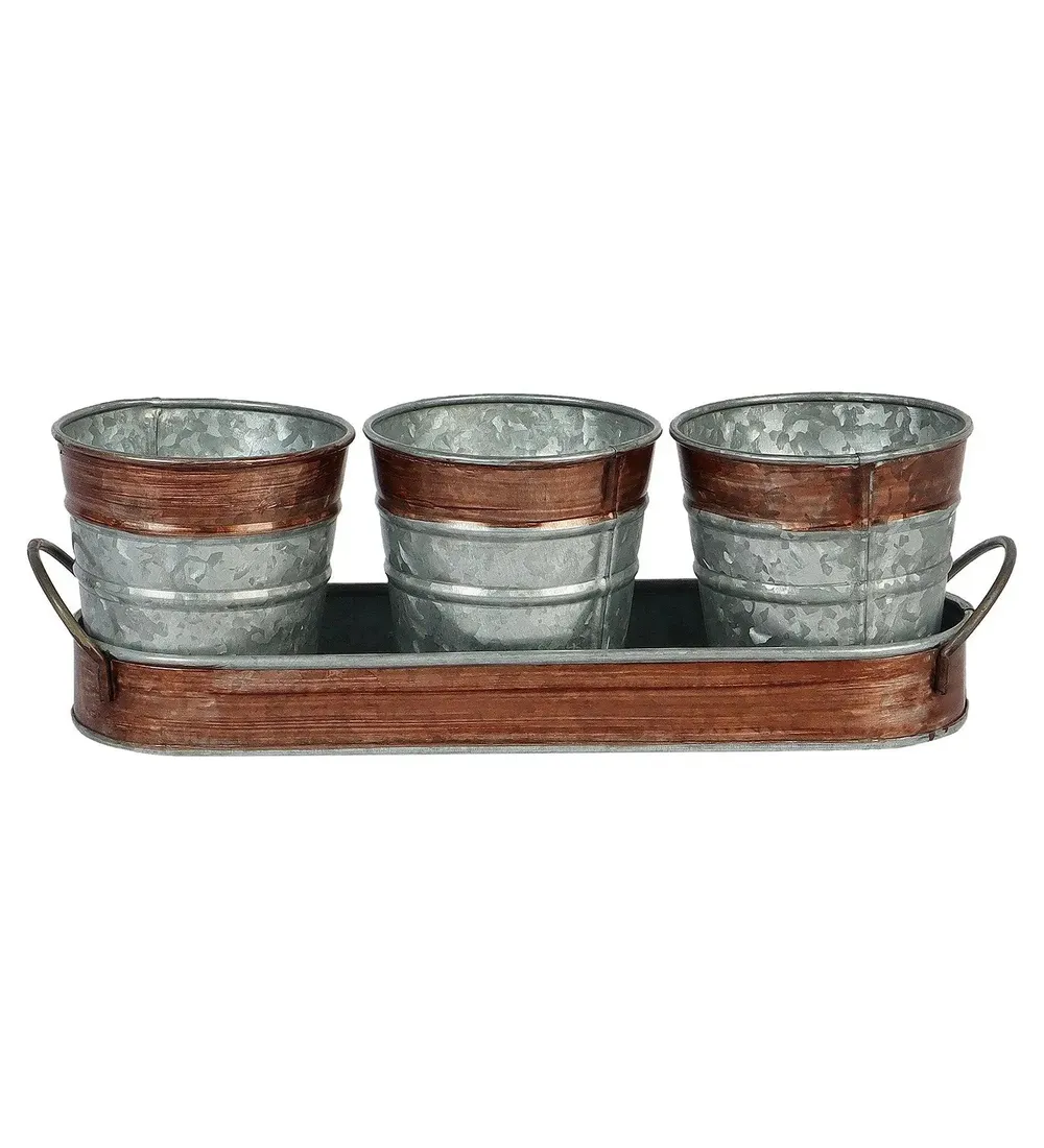 Simplistic Brown & Silver Metallic Table Planters with Tray (Set of 4)