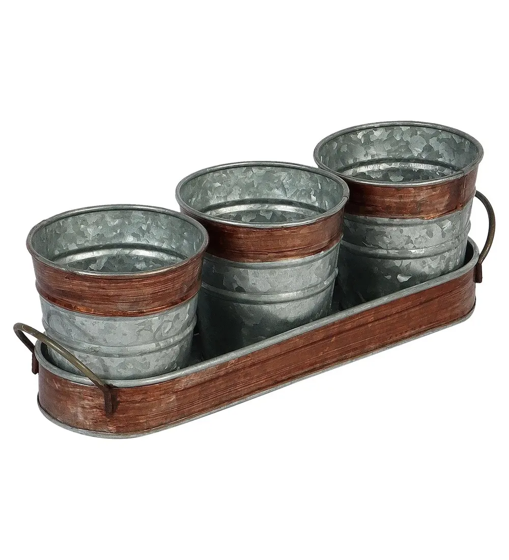 Simplistic Brown & Silver Metallic Table Planters with Tray (Set of 4)