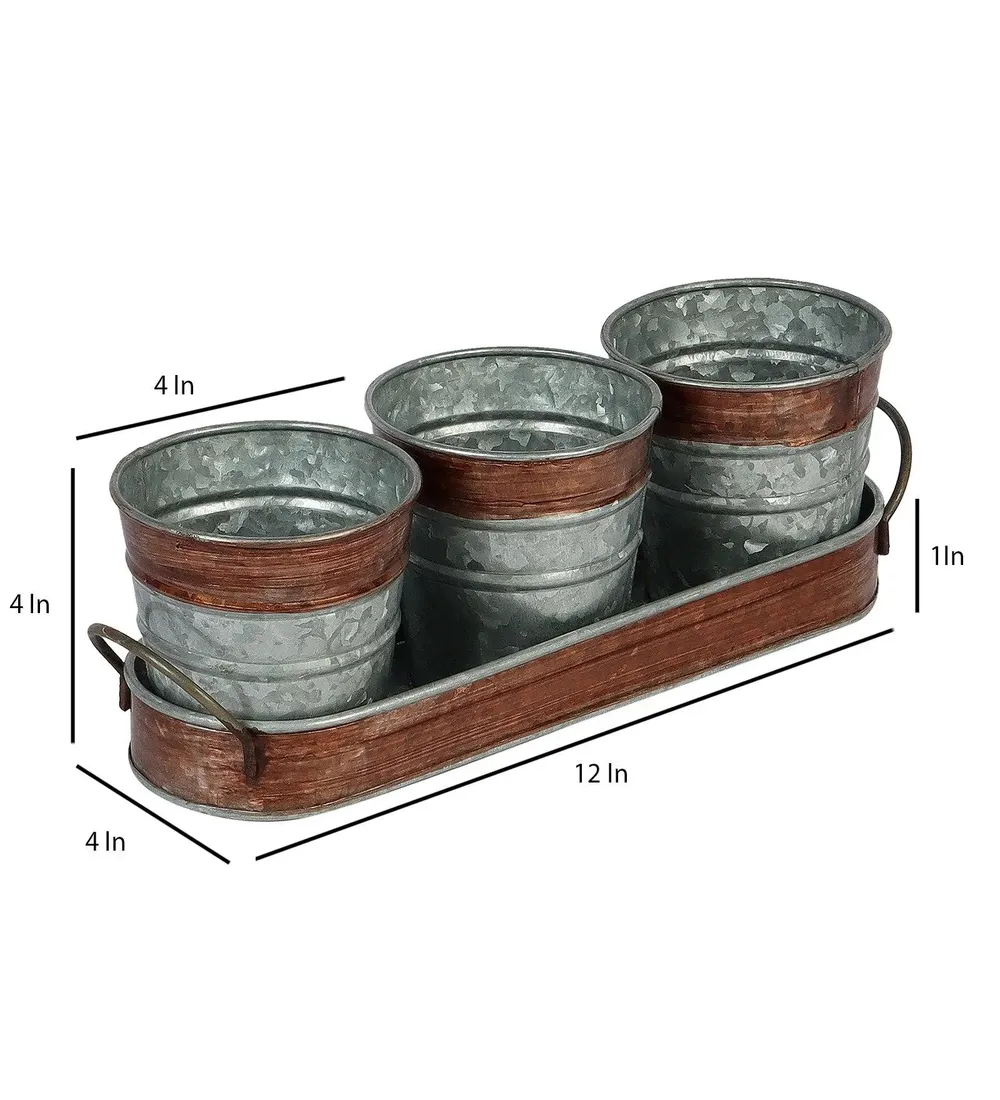 Simplistic Brown & Silver Metallic Table Planters with Tray (Set of 4)