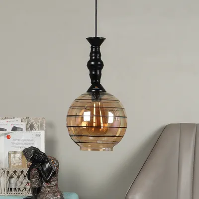 Single Black Round Hanging Glass Light with Black Metal