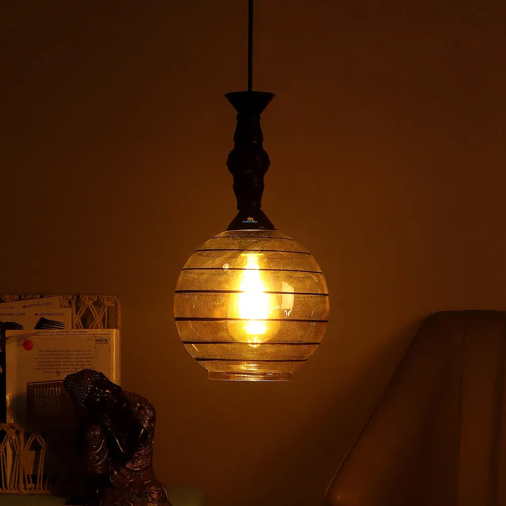 Single Black Round Hanging Glass Light with Black Metal