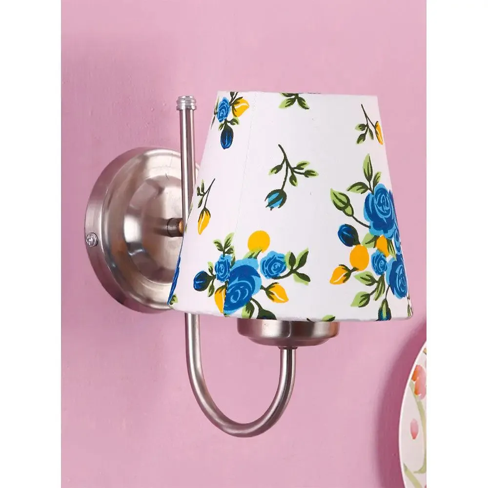 Single Blue Floral Cotton Conical Wall Mounted Lamp with Steel Base Single Piece